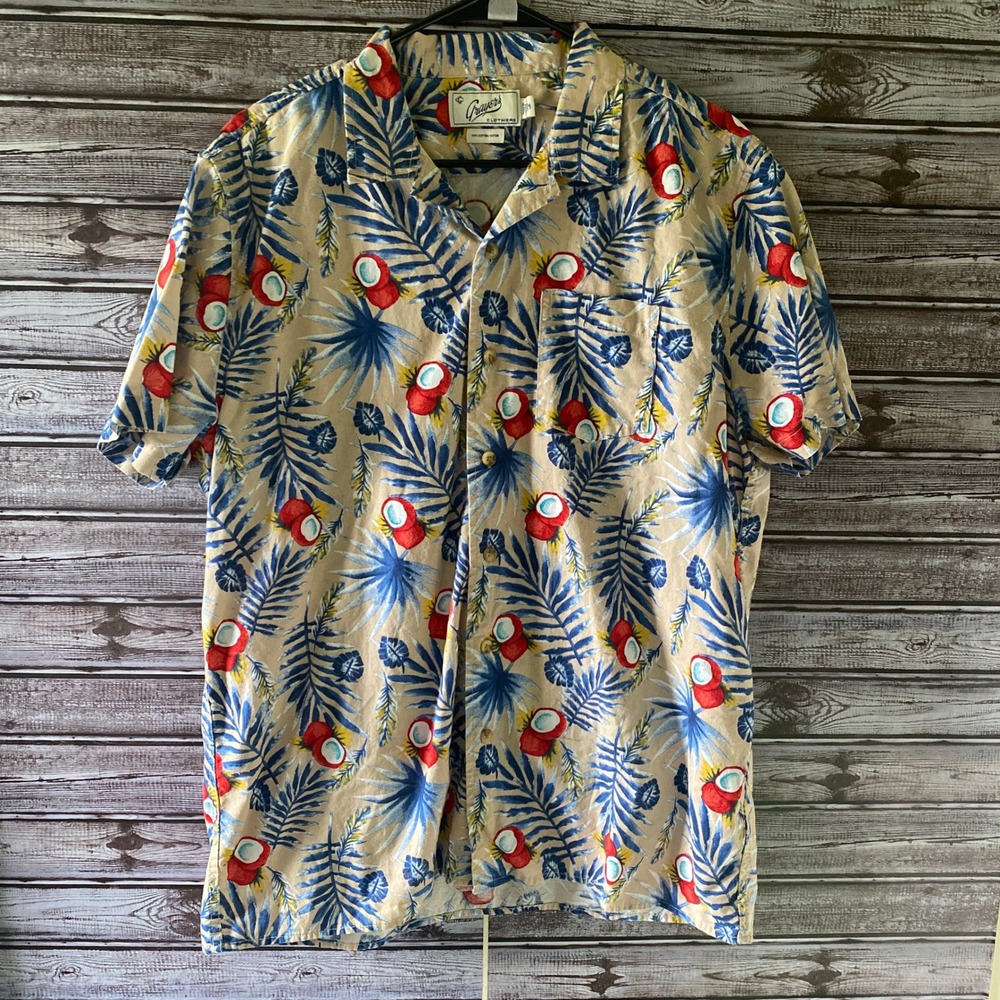 Grayers Men's Short-Sleeved Button-Down Shirt Size L Beige Tropical Coconut